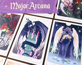 May include: A collection of tarot cards featuring the Major Arcana, including The Tower card with a black dragon wrapped around a stone tower, and the Temperance card showing a winged figure with purple hair holding two golden cups.