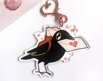 Acrylic Charm - Walden the Crow with a Backpack from Realta, Deliverer of Letters! | Cute keychain, rose gold