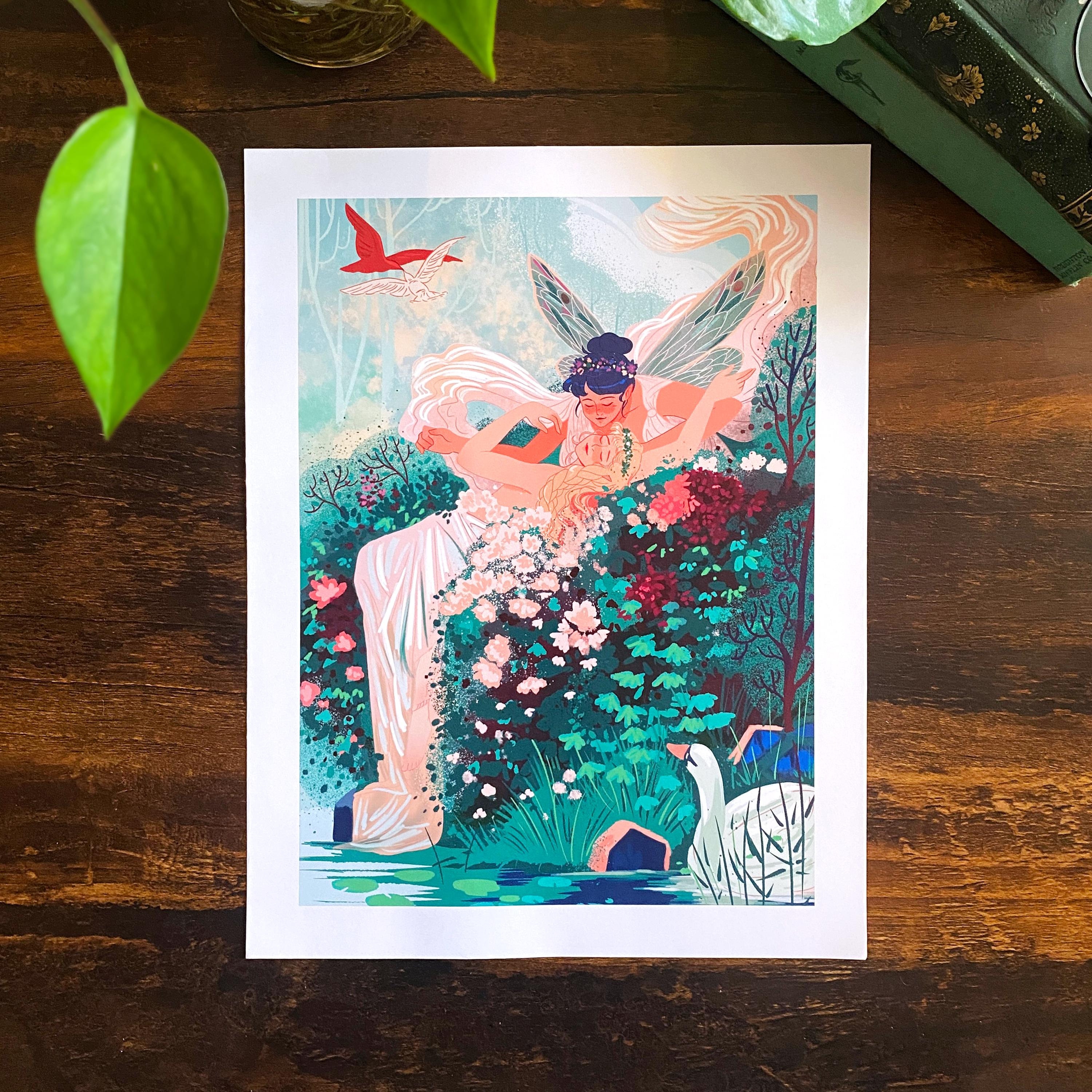 トゥルーアート 9x12 Signed Print - Two Fairies Embracing | Original Art, Drawing
