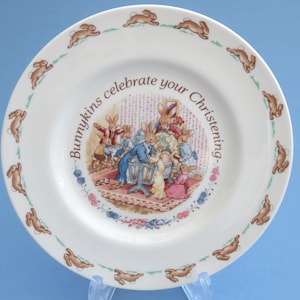 Bunnykins Christening Plate by Royal Doulton.   A lovely vintage Christening gift featuring the new baby with the Bunnykins family.