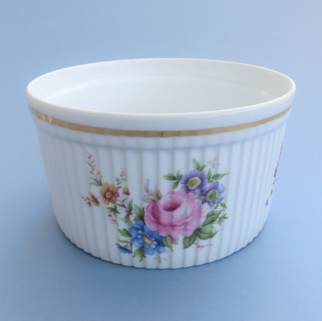 Royal Worcester Souffle Dish 6 Inch, Floral Pattern and Gold Rim