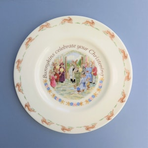 Bunnykins Christening Plate by Royal Doulton.   A lovely vintage Christening gift featuring the new baby with the Bunnykins family.