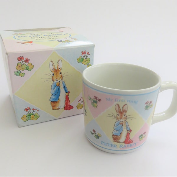 Vintage Peter Rabbit mug / cup for a child, My First Mug, produced by Wedgwood.  A lovely boxed Beatrix Potter gift featuring Peter Rabbit.