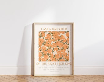 Fille du Roi, Impression chrétienne numérique pour bureau féminin, Chambre d’adolescente, Crèche pour bébé, Art floral en vers bibliques pour un décor moderne