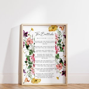 The Beatitudes, Digital Scripture Print in Floral Botanical Style, Boho Bible Verse Printable Art for Bedroom, Dorm Room, or Teen