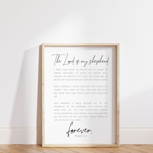 Puede incluir: Una impresión enmarcada con fondo blanco y texto negro. El texto es una cita del Salmo 23, "El Señor es mi pastor".