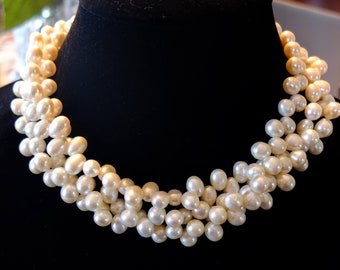 Cultured pearl necklace, three strands, sterling silver clasp and extender