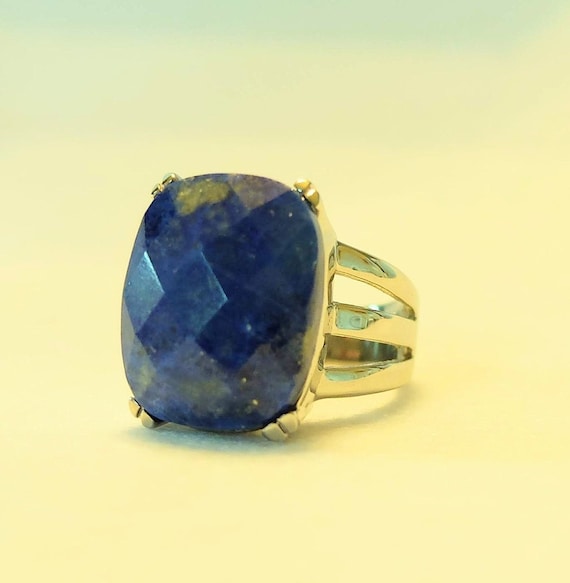 Lapis ring, faceted blue gemstone ring - image 1