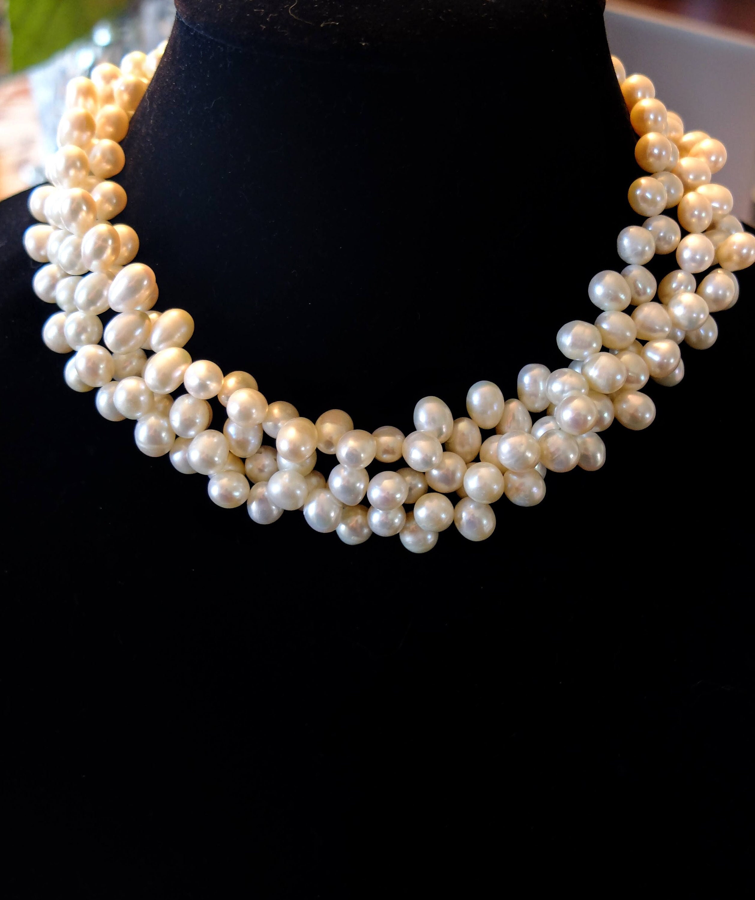Cultured Pearl Necklace, Three Strands, Sterling Silver Clasp and