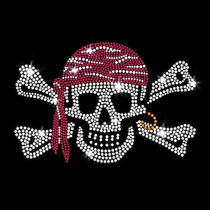 Pirate Raider Skull Crossbones Buccaneer Mascot Halloween Sparkly Iron-on Crystal Rhinestone Pink Rhinestud T-Shirt Transfer JCS Rhinestones
