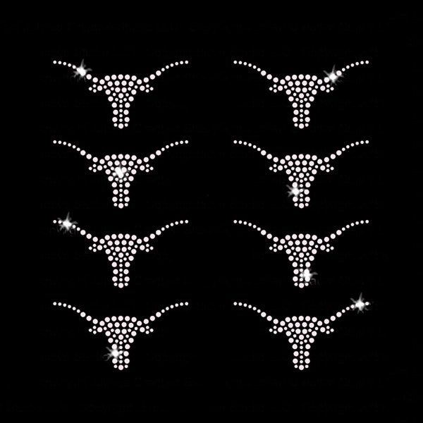 Set of 8 Longhorns Small Iron-on Rhinestone Transfer DIY Bling