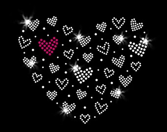 Cluster of Hearts Design Iron-on Sparkly Clear Crystals Rhinestone Pink Rhinestud Transfer DIY Bling