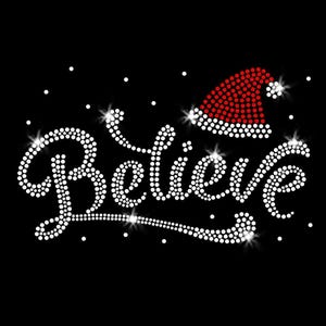 Santa Hat Believe Sparkly Christmas Iron-on Rhinestone Transfer DIY Bling