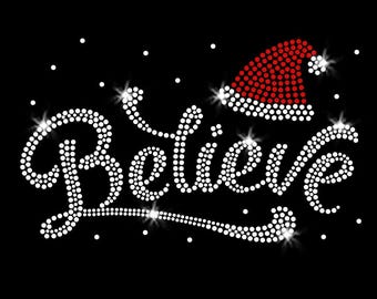 Santa Hat Believe Sparkly Christmas Iron-on Rhinestone Transfer DIY Bling