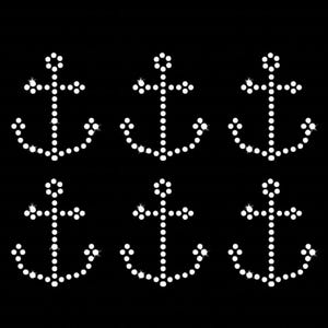 Set of 6 Little Anchor Cruise Ship Sparkly Iron-on Rhinestone Crystal Transfer DIY Bling