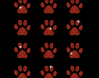 Set of 12 Orange Mini Paw Print Dog Cat Iron-on Rhinestone Transfers DIY Bling