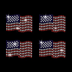 May include: Four sparkling American flag designs, each composed of red, white, and blue dots, are displayed against a black background. The flags are waving, with the stars and stripes clearly visible. The dots create a shimmering effect.