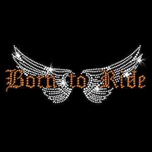 Born to Ride: Sparkly Motorcycle Biker Angel Wings Iron-On Rhinestone Transfer Bling