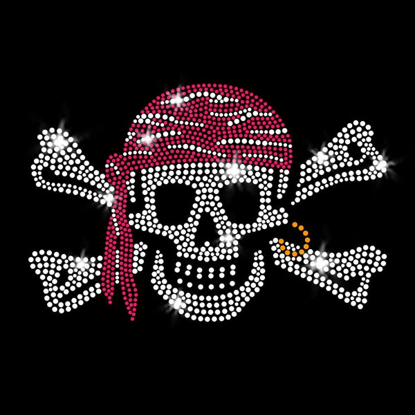 Pirate Raider Skull Crossbones Buccaneer Mascot Halloween Sparkly Iron-on Crystal Rhinestone Pink Rhinestud T-Shirt Transfer JCS Rhinestones