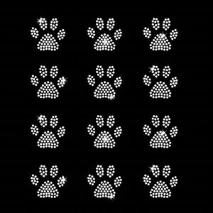 Set 0f 12 Mini Paw Print Iron-on Rhinestone Transfer DIY Bling