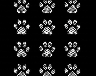 Set 0f 12 Mini Paw Print Iron-on Rhinestone Transfer DIY Bling