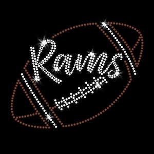 Rams Script Football LA Sparkly Bling Iron-on Clear Crystal Rhinestone & Brown Rhinestud Transfer