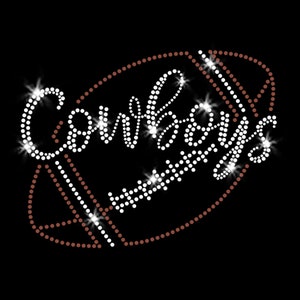 May include: A white rhinestone design of a football with the word "Cowboys" in a script font.