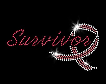 Survivor Breast Cancer Pink Ribbon Sparkly Bling Iron-on Rhinestone Transfer