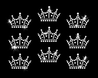 Set of 9 Mini Crown Tiara Iron-on Rhinestone Transfer DIY Bling