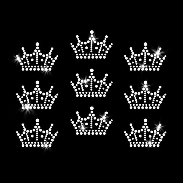 Set of 9 Mini Crown Tiara Iron-on Rhinestone Transfer DIY Bling