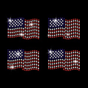 Set of 4 Mini Waving Flags Patriotic Iron-on Rhinestone Transfer DIY Bling