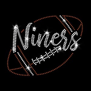 Niners Script Football Sparkly Bling Iron-on Clear Crystal Rhinestone & Brown Rhinestud Transfer