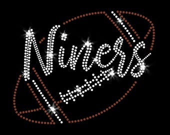 Niners Script Football Sparkly Bling Iron-on Clear Crystal Rhinestone & Brown Rhinestud Transfer