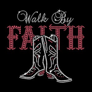 Walk By Faith Boots Iron-on Rhinestone & Rhinestud Transfer DIY Christian Faith Bling