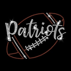 May include: A black background with the word "Patriots" in white, sparkling dots. The word is set inside a football shape outlined in brown dots, with white dotted lines. The design is simple and bold.