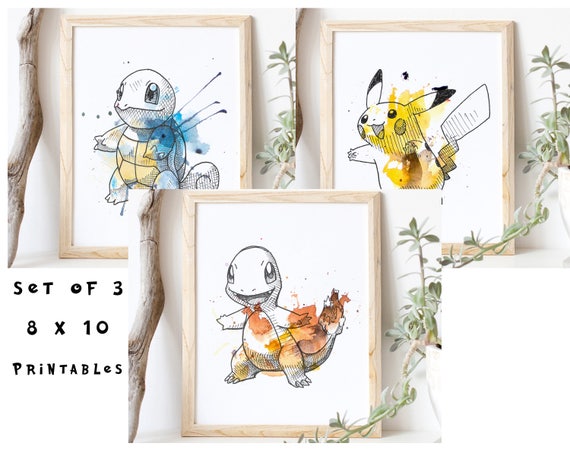 Set Of 3 Original Pokemon 8 X 10 Wall Prints Instant Download Pokemon Printables Pikachu Charmander Squirtle