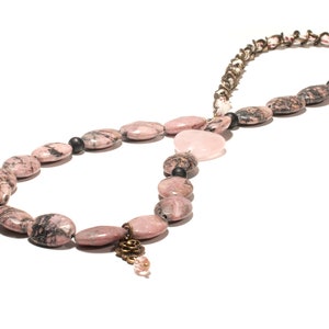Rhodochrosite Stones, Zinc Alloy Pendants, Acrylic Bead, Glass Imitate Crystal, Cotton Strip, Natural Black Stone, colorful beaded necklace
