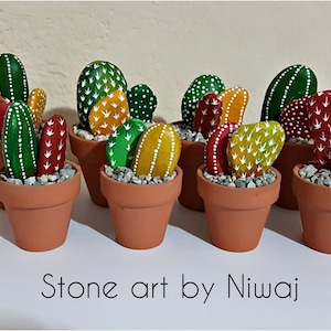 Handpainted cactus, stone, painted rock, floral decor, green, fake flower, housewarming gift, cactea, colorfull, bemalte steine,