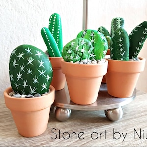 Handpainted Cactus stone, rock, floral decor, handpainted, housewarming gift, fake flower, pebble, clay pot, green flower, bemalte steine