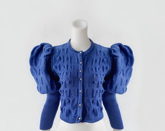 Beautiful Mutton Sleeve Puff Balloon Sleeve Cardigan Wool Knit Vintage Blue