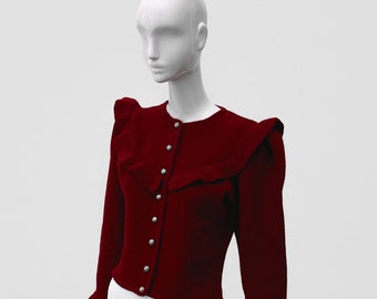 Beautiful Vintage Cardigan Wool Knit Red Ruffle Collar Metal Buttons Jumper