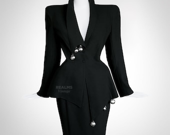 Thierry Mugler SS1998 Archival Black Skirt Suit Dramatic Silver Metal Jacket Skirt