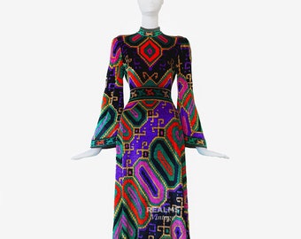 Leonard Paris 1970 Archival Luxury Couture Maxi Dress 70s Silk Velvet Gown