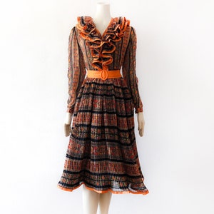 Original Paul-Louis Orrier Haute Couture Silk Dress 70s Ruffle Pleated