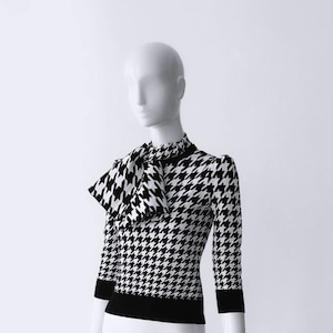 Alexander McQueen Houndstooth Bow Jumper Wool Dogtooth Sweater Black White Blouse Top Checkered