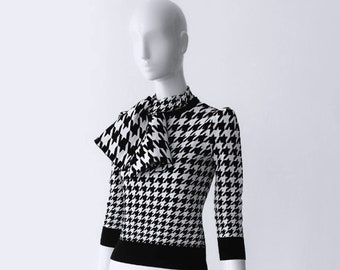 Alexander McQueen Houndstooth Bow Jumper Wool Dogtooth Sweater Black White Blouse Top Checkered