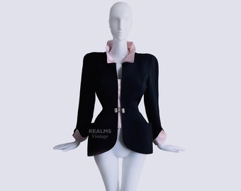 Thierry Mugler Gorgeous Jacket Black Drama Collar Jewel Pearl FW1996 Archival