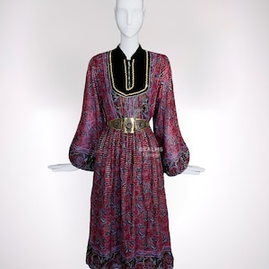Beautiful 1970s Indian Gauze Dress 70s Blockprint Metallic Folk Ethnic Festival Kaftan 70s 60s