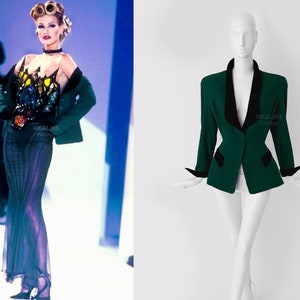 Thierry Mugler FW1992 Archival Runway Blazer Green Wool Black Velvet Rare Dramatic 90s Vintage Jacket