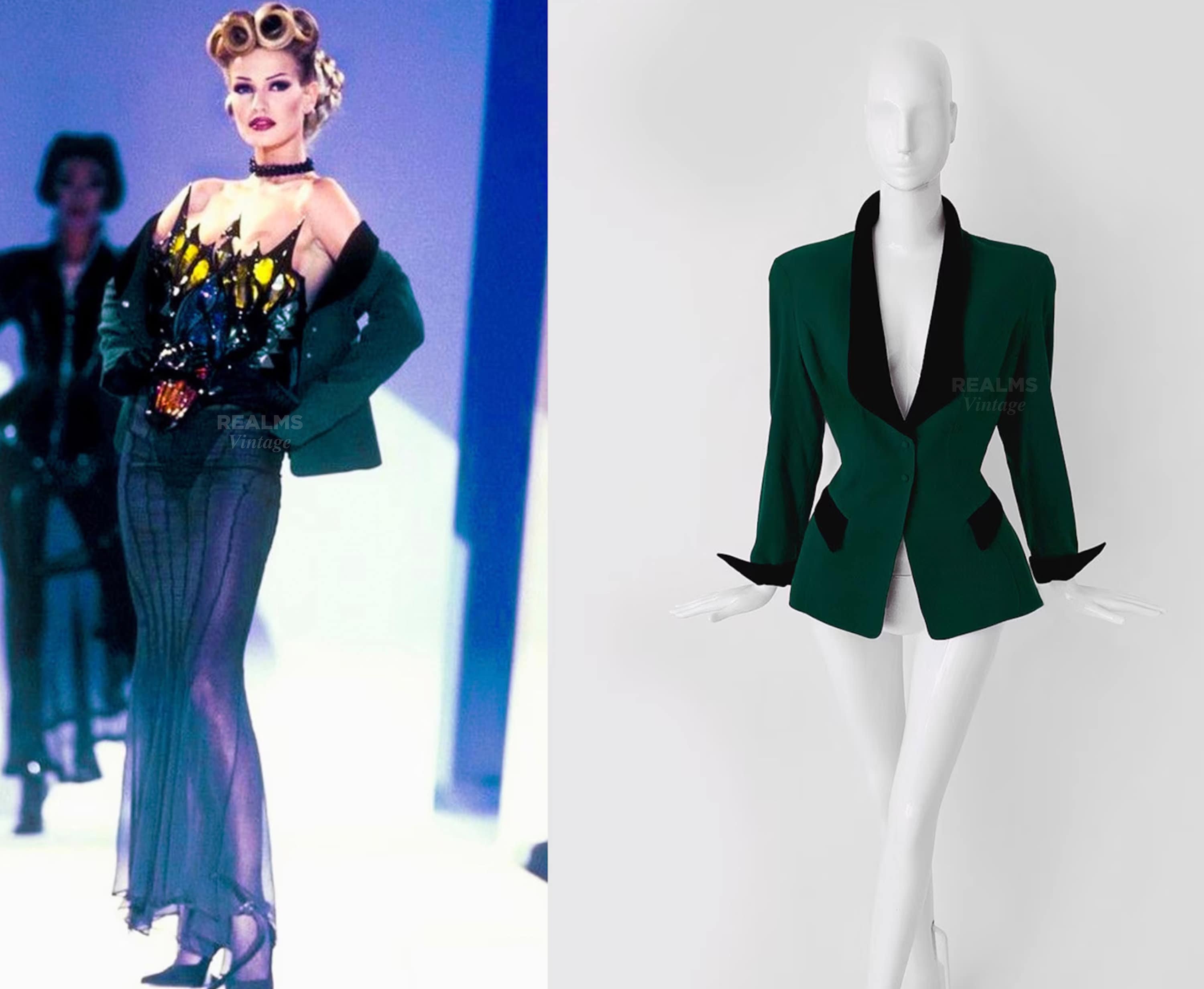 Thierry Mugler FW1992 Archival Runway Blazer Green Wool Black Velvet Rare Dramatic 90s Vintage Jacket Etsy
